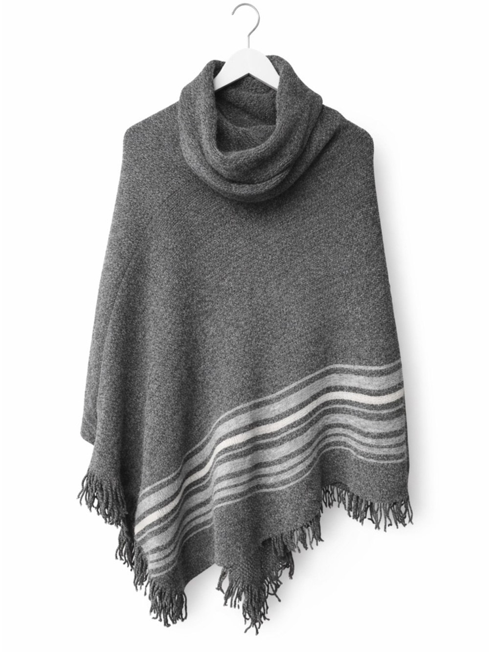Roots Grey Cowl Neck Fringe Poncho Asymmetrical Stripe OS